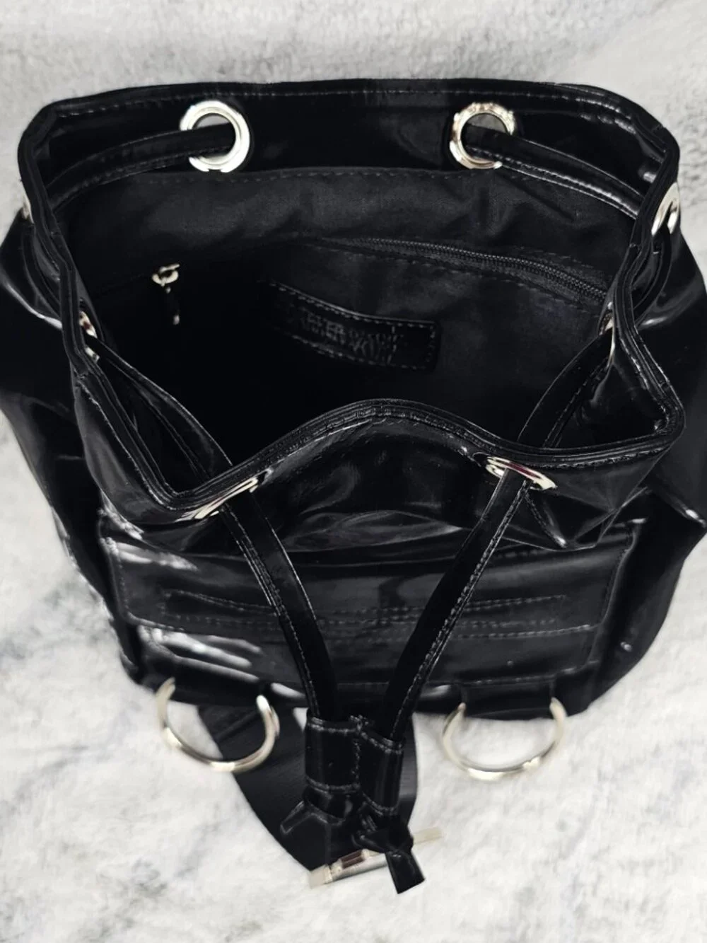 Darker Wavs Diatonic Liquid Velvet Backpack Shiny Black ORing Silver Hardware